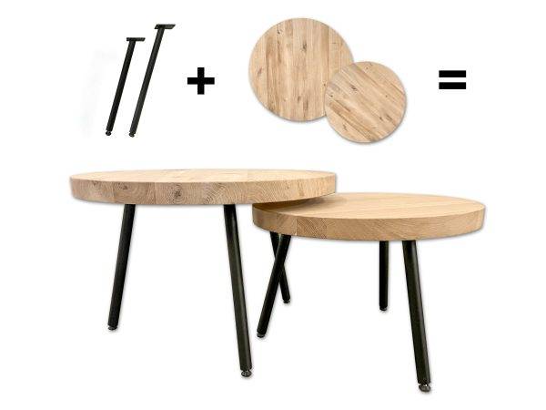 Zwarte meubelpootjes gecombineerd met ronde massief eiken bladen. Door de verschillende hoogtes zijn deze salontafeltjes onder elkaar te schuiven voor een speels effect. Woodstyles verkoopt deze massief eiken ronde bladen en zwarte meubelpootjes los van elkaar, dus u kunt zelf de combinatie maken die u wenst. Binnen 7 werkdagen thuis bezorgd