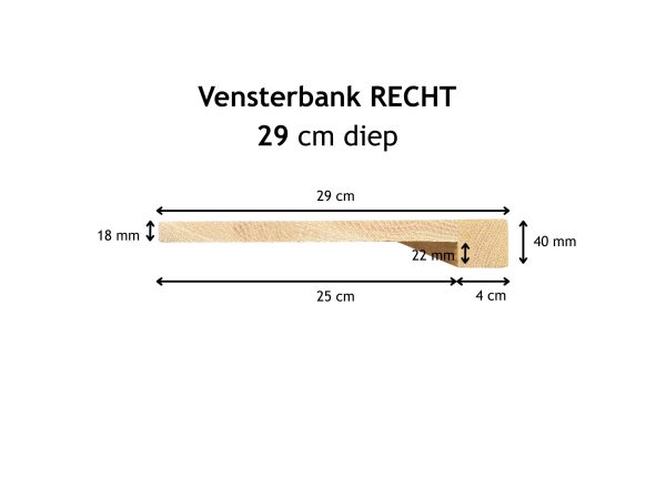 Eiken overzet vensterbank recht 29 cm van Woodstyles, foto van de kopzijde met afmetingen
